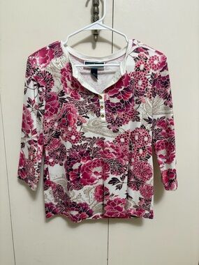 Karen Scott Pink Floral 3/4 Sleeve Henley Top Woman PL Petite Large